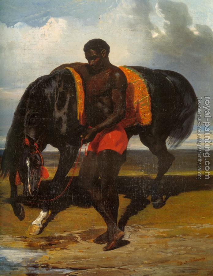 Alfred Dedreux : Africain tenant un cheval au bord d'une mer
